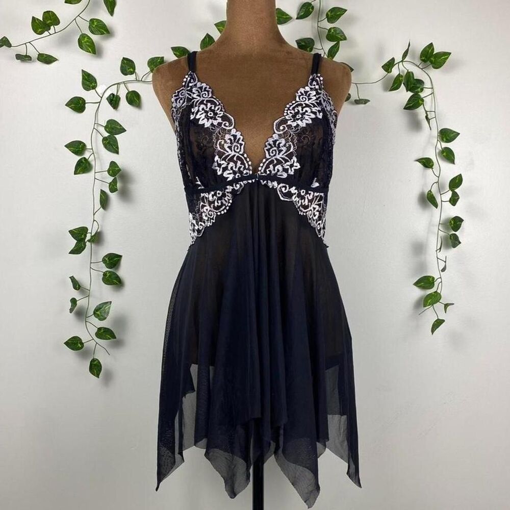 black lace sheer mini dress embroidered florals silver handkerchief hem goth